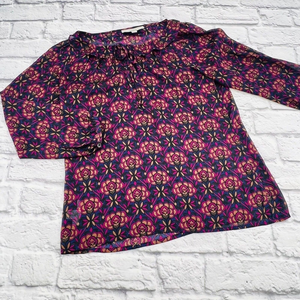 LOFT Womens XS Floral Ruffle Tie Neck Blouse Navy Pink Long Sleeve Top Casual